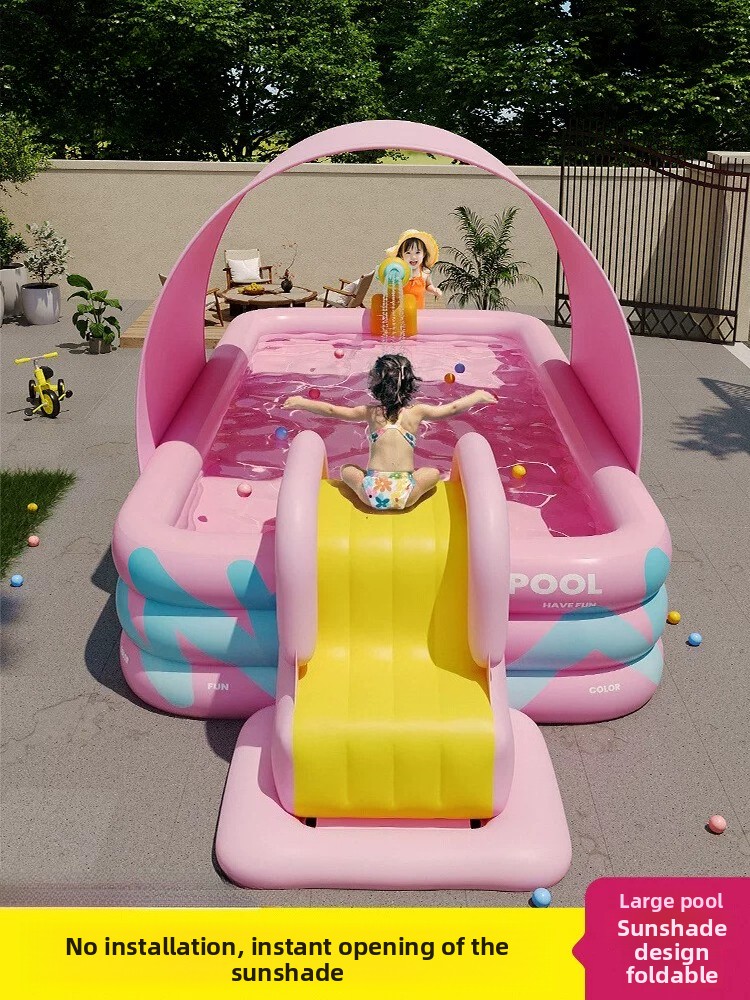 Water Slide Inflatable - Piscina inflable con tobogán y parasol,